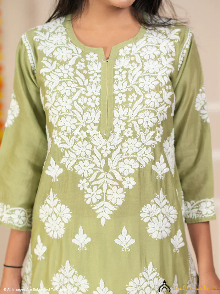 Uzma Chanderi Chikankari Kurta - Pista Green