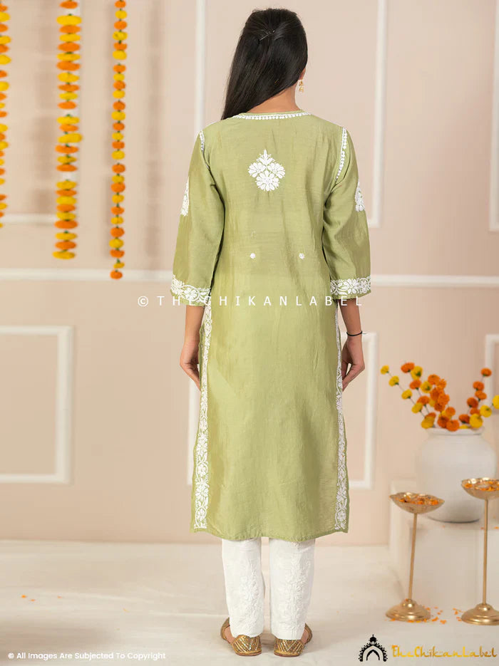 Uzma Chanderi Chikankari Kurta - Pista Green