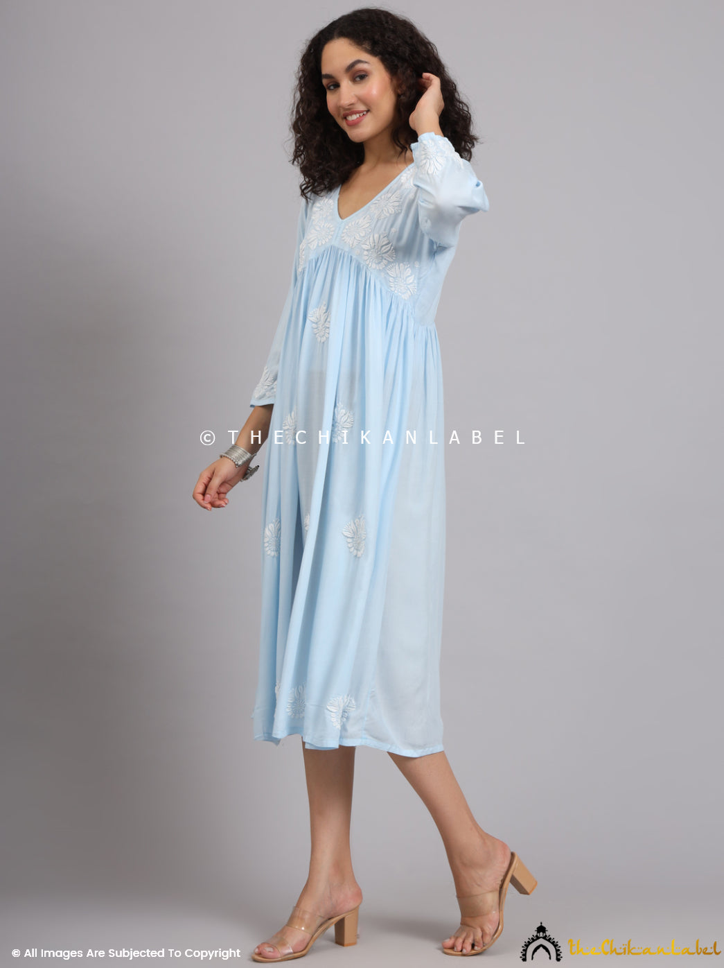 Powder Blue Aina Modal Chikankari Alia Cut A-Line Kurti