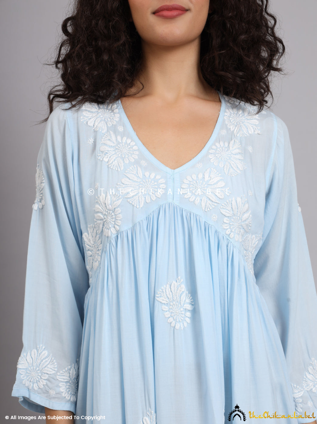 Powder Blue Aina Modal Chikankari Alia Cut A-Line Kurti