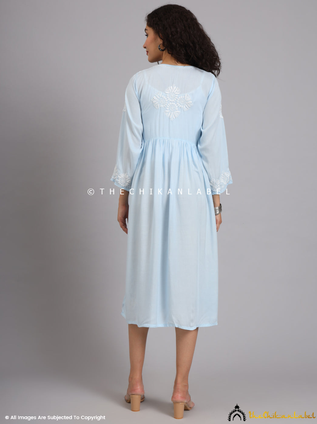 Powder Blue Aina Modal Chikankari Alia Cut A-Line Kurti