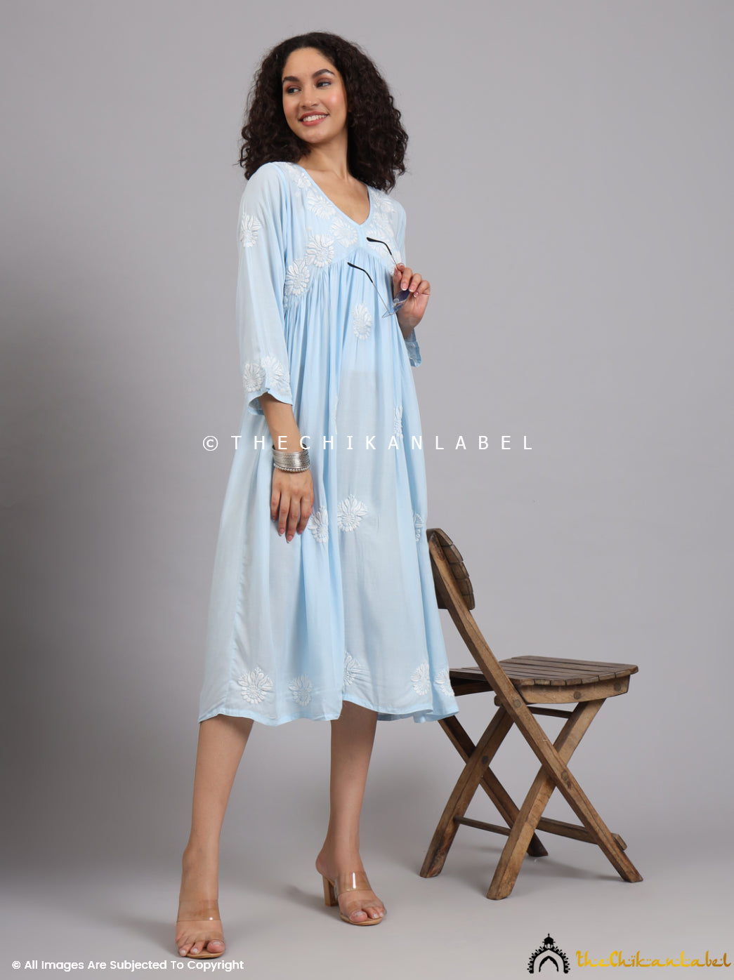 Powder Blue Aina Modal Chikankari Alia Cut A-Line Kurti