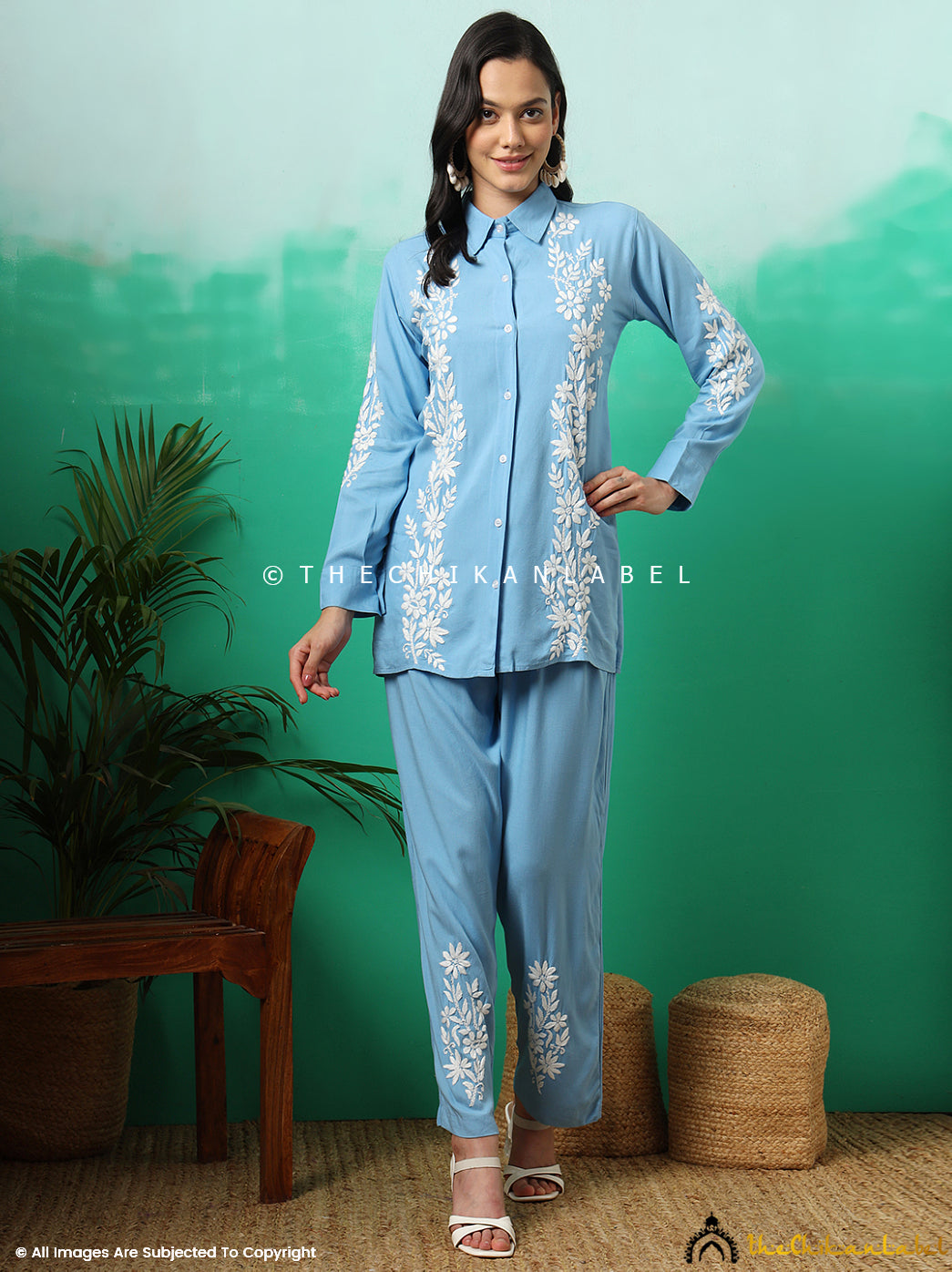 Powder Blue Anvika Rayon Chikankari Co-ord Set