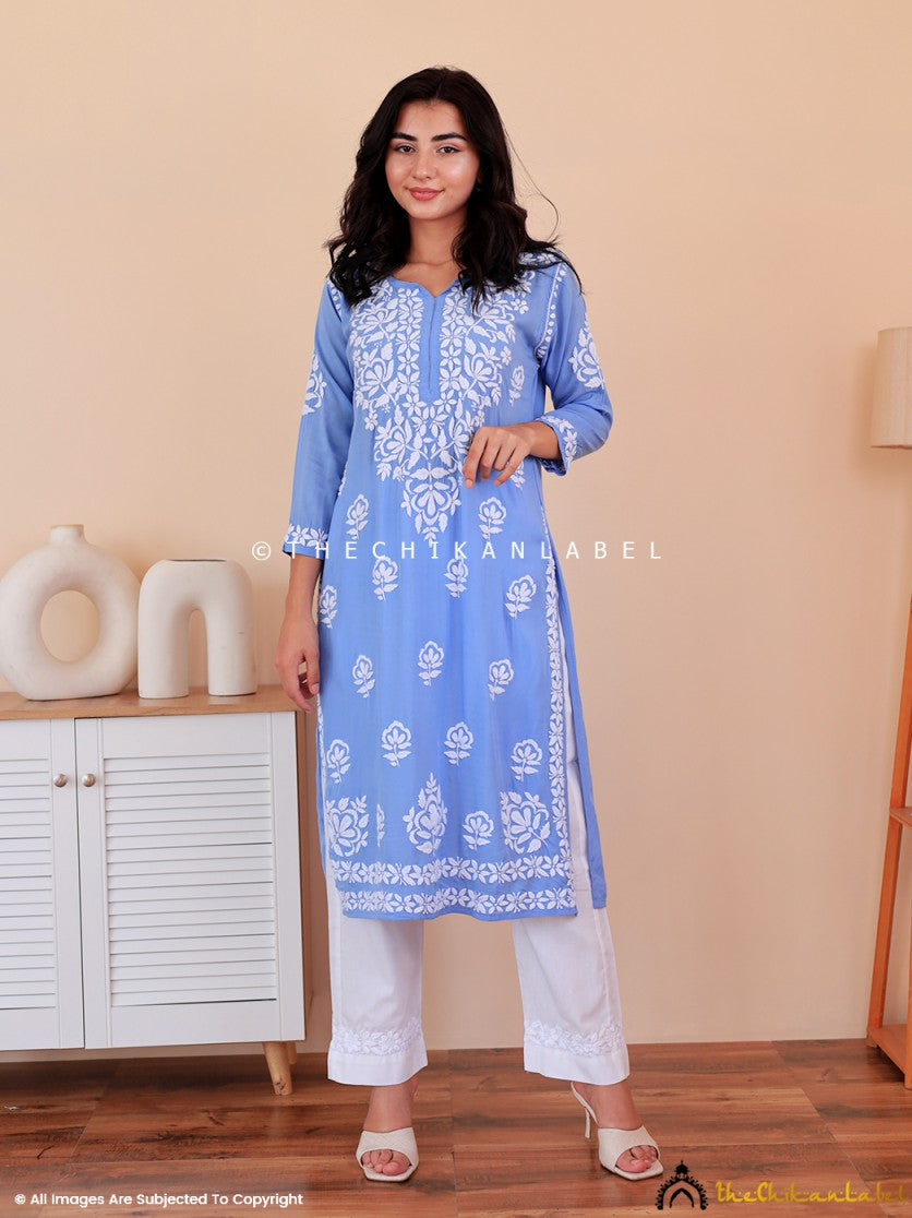 Powder Blue Mahika Modal Chikankari Straight Kurti ,Chikankari Straight Kurti in Modal fabric For Woman