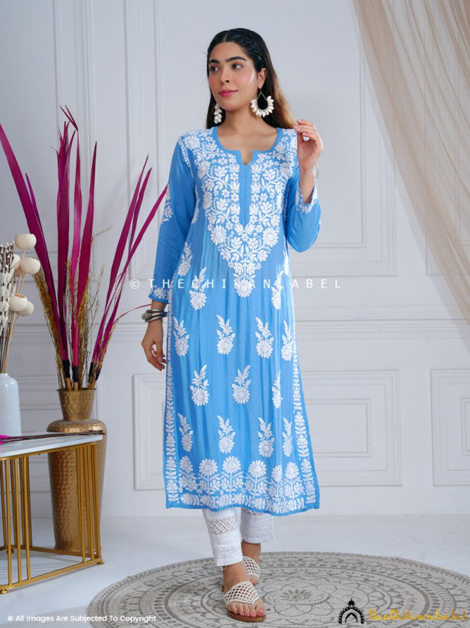 Aidah Modal Chikankari Straight Kurti - Powder Blue
