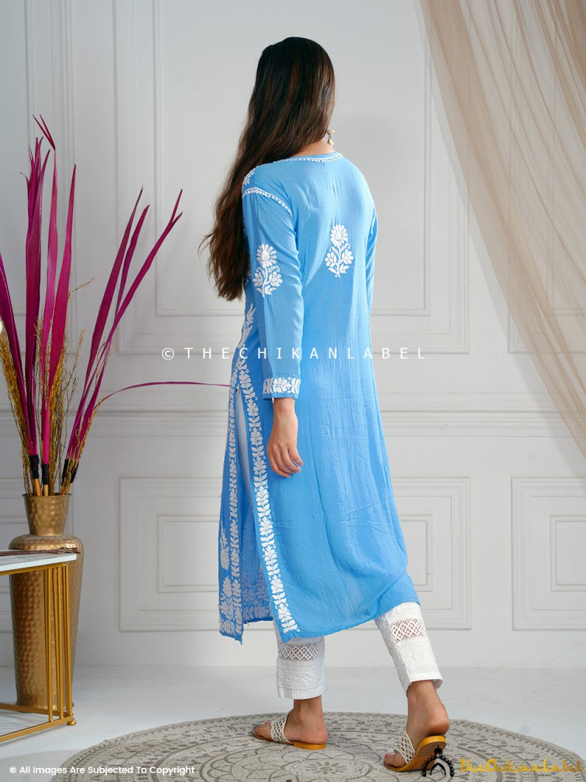 chikankari straight kurtis, modal chikankari kurti, chikankari straight kurti in modal fabric online, Buy powder blue chikankari kurti online for women at best prices