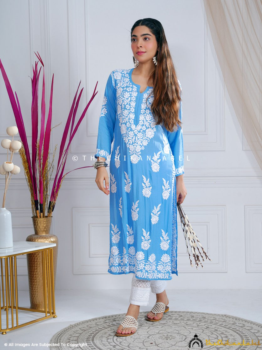 chikankari straight kurtis, modal chikankari kurti, chikankari straight kurti in modal fabric online, Buy powder blue chikankari kurti online for women at best prices