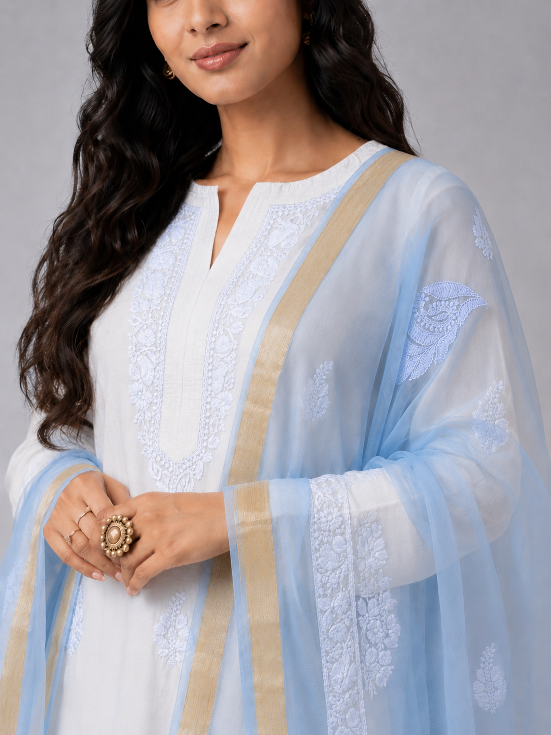 Powder Blue Organza Chikankari Dupatta