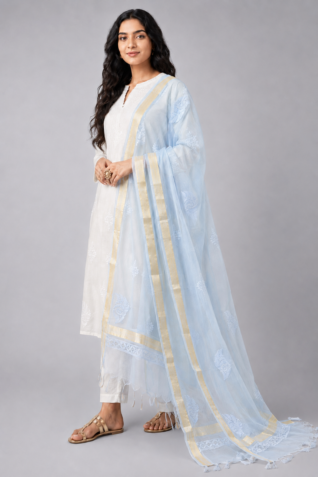Powder Blue Organza Chikankari Dupatta