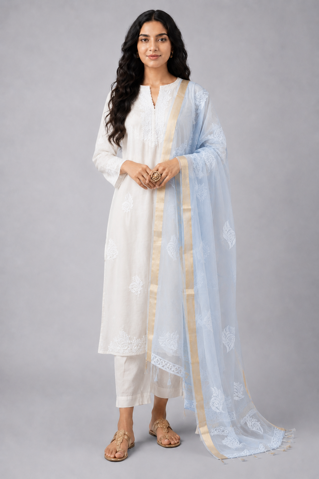Powder Blue Organza Chikankari Dupatta