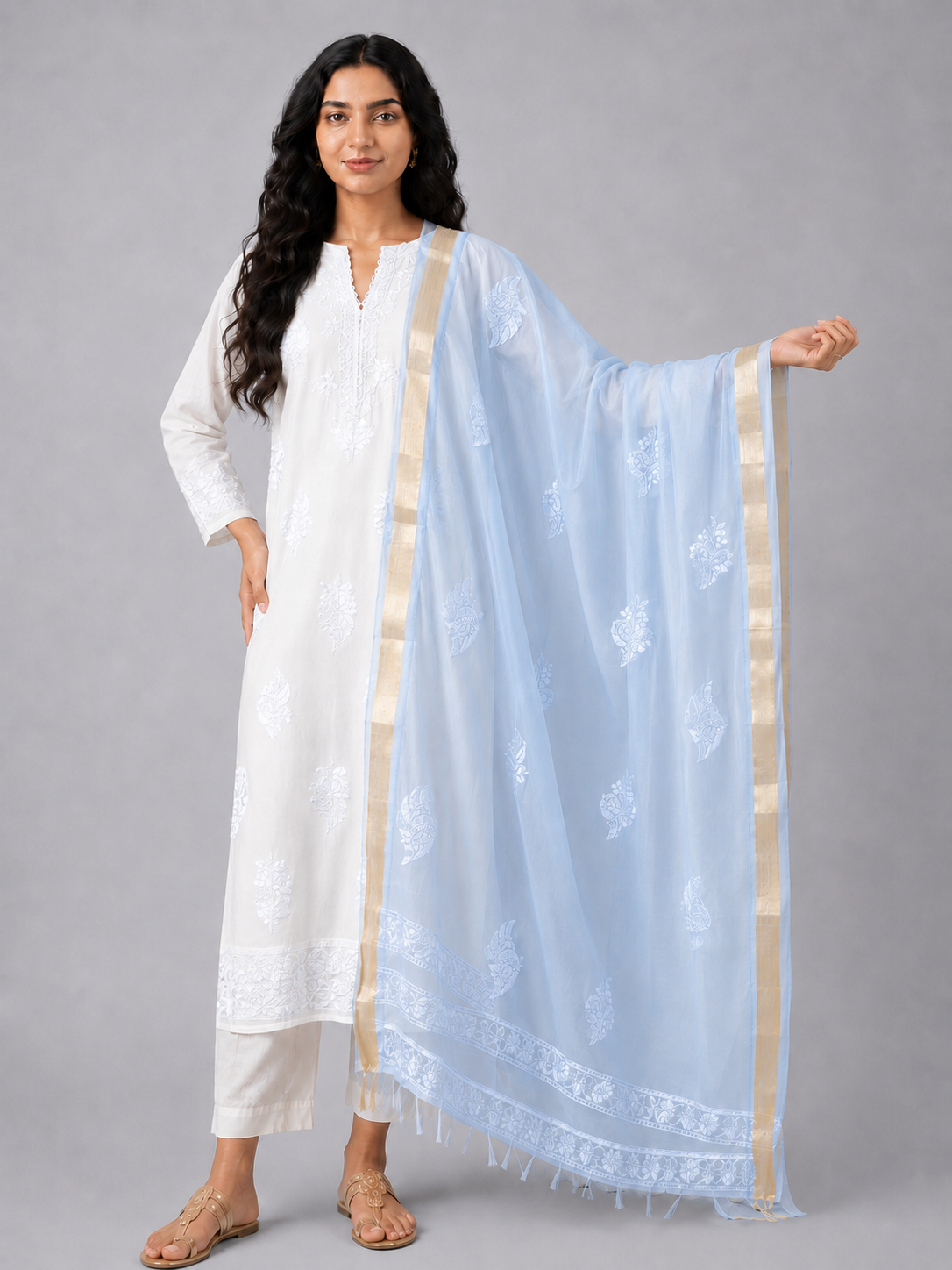 Powder Blue Organza Chikankari Dupatta