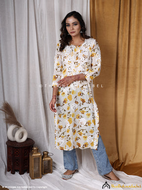 Yellow Printed Straight Chikankari Kurti