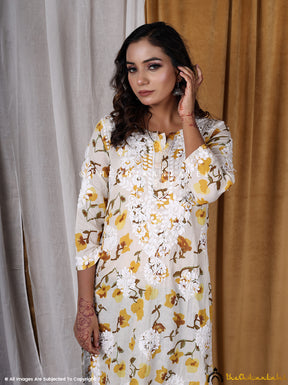 Yellow Printed Straight Chikankari Kurti