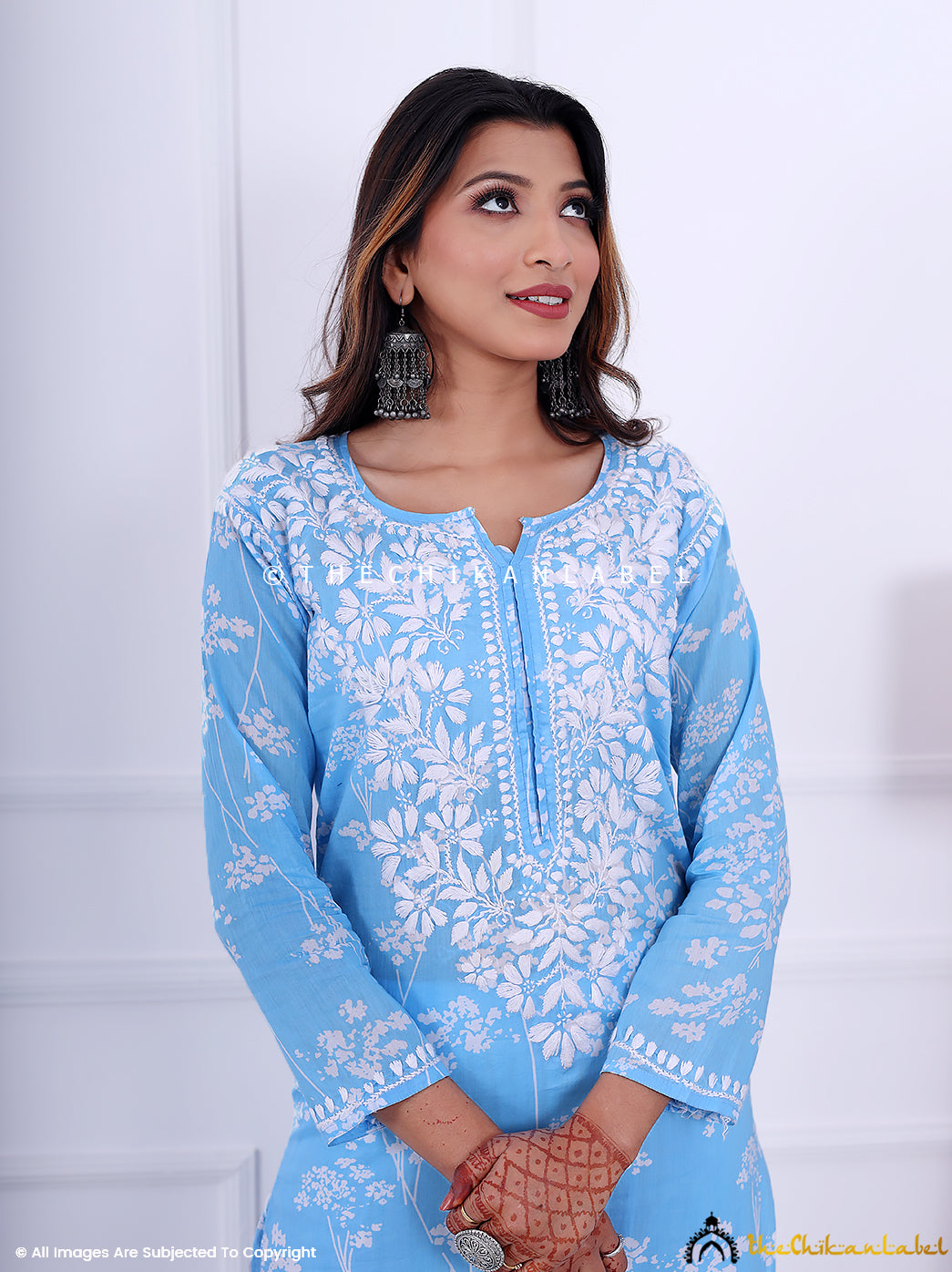 Powder Blue Cotton Printed Chikankari Straight Kurti