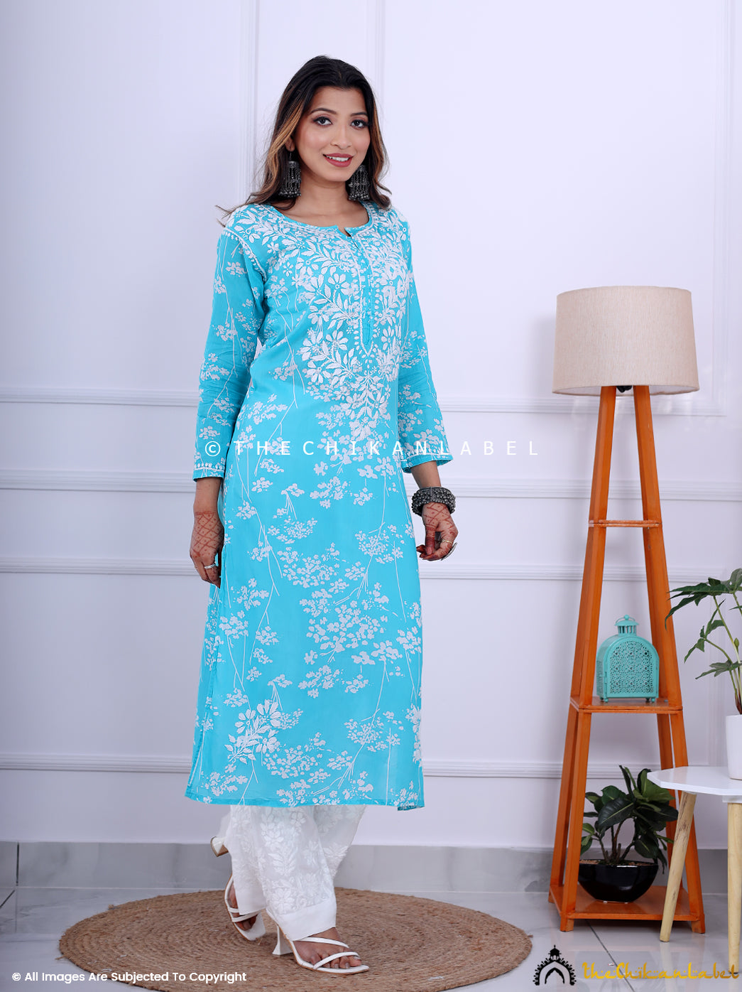 Sea Green Cotton Printed Chikankari Straight Kurti