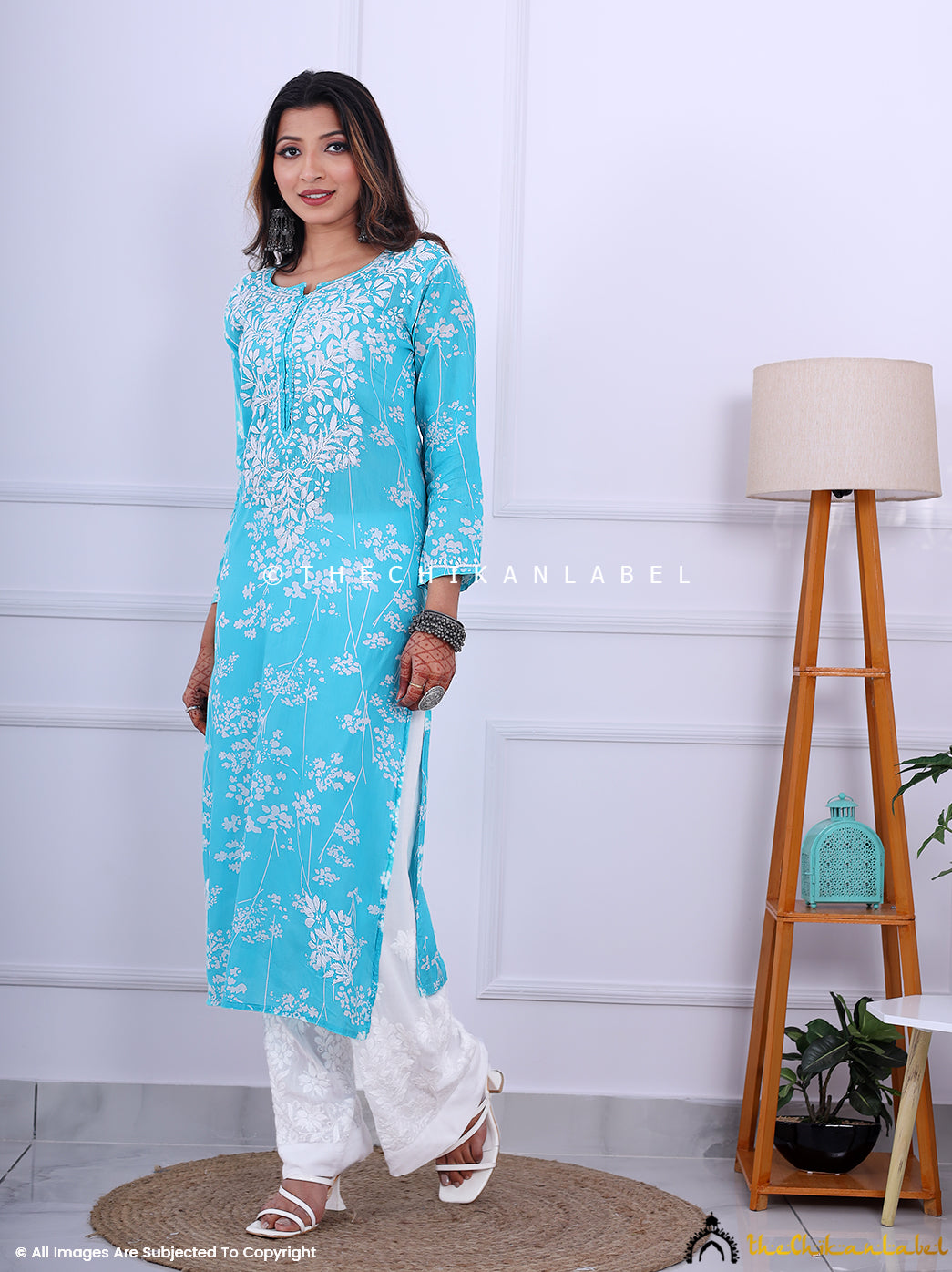 Sea Green Cotton Printed Chikankari Straight Kurti