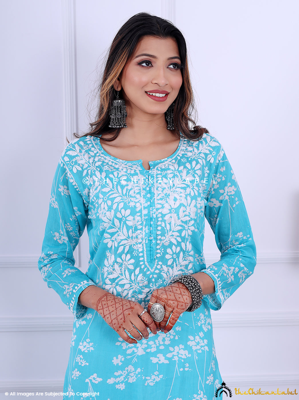 Sea Green Cotton Printed Chikankari Straight Kurti