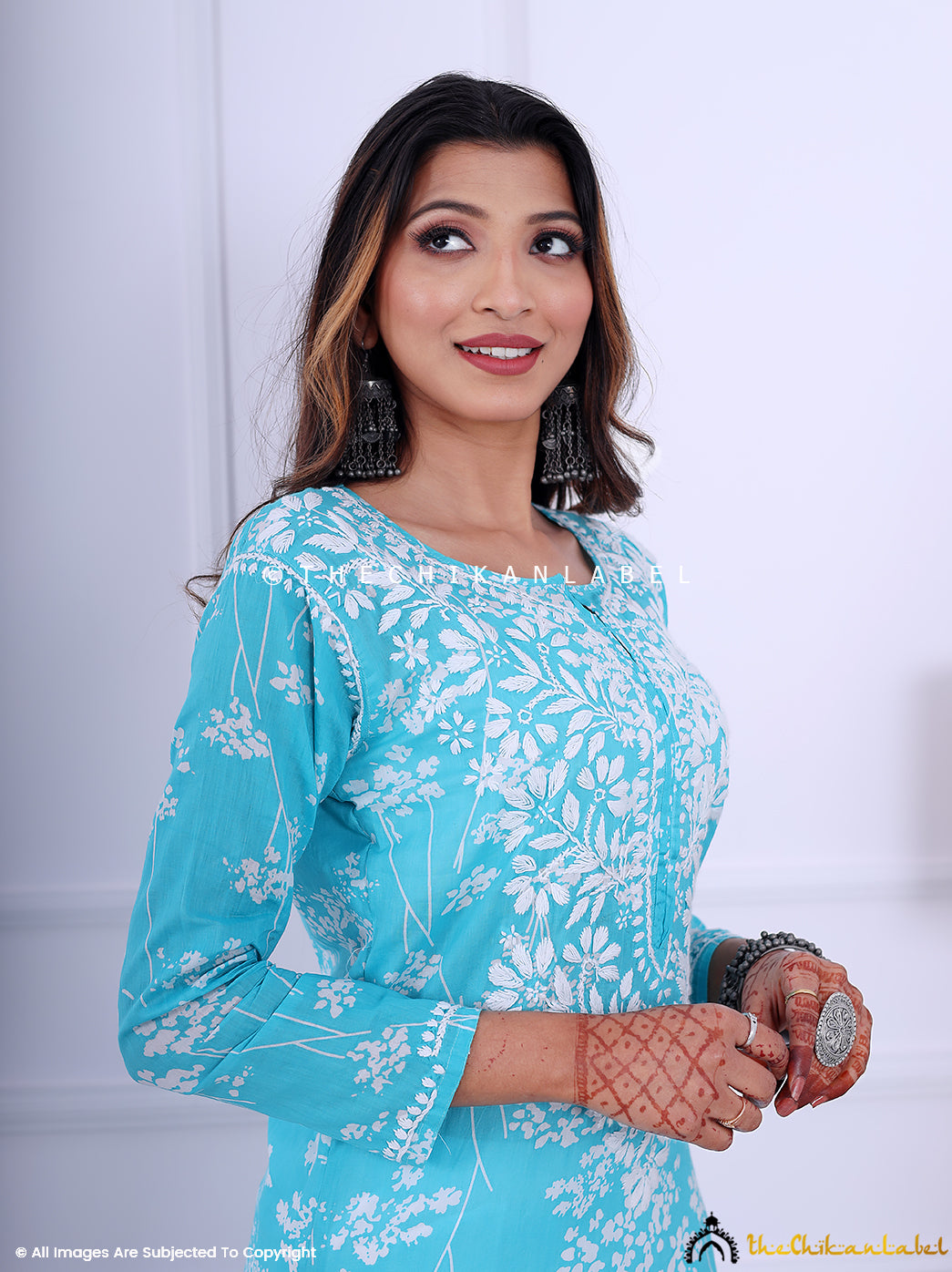 Sea Green Cotton Printed Chikankari Straight Kurti