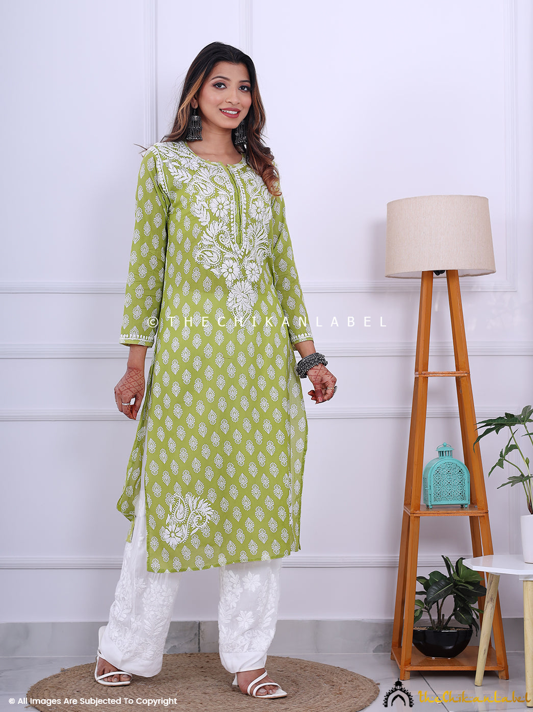 Green Cotton Chikankari Straight Kurti