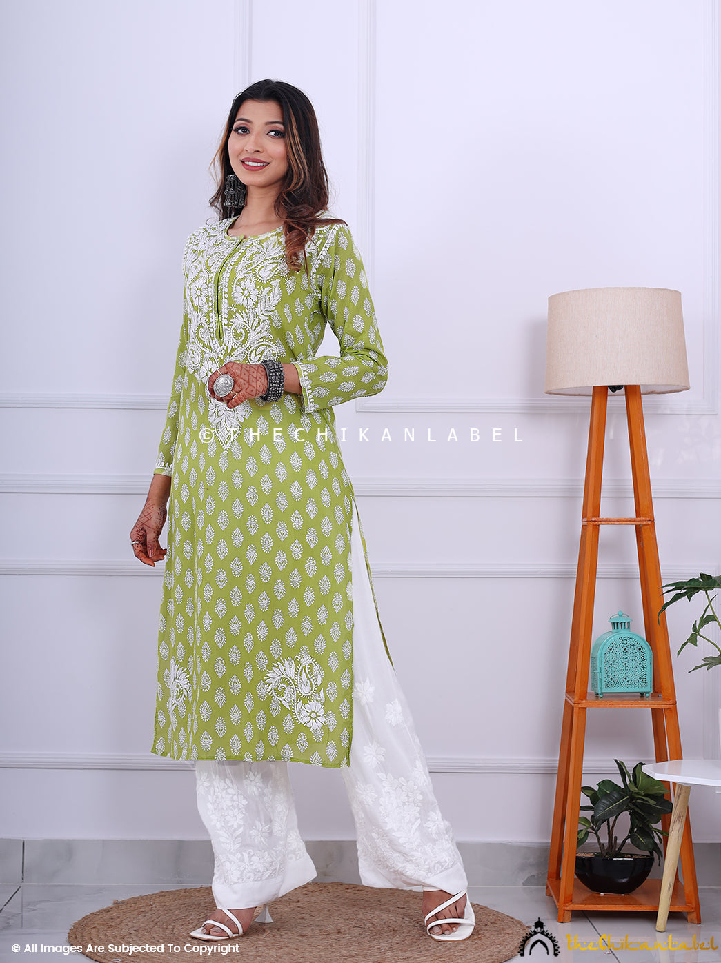 Green Cotton Chikankari Straight Kurti