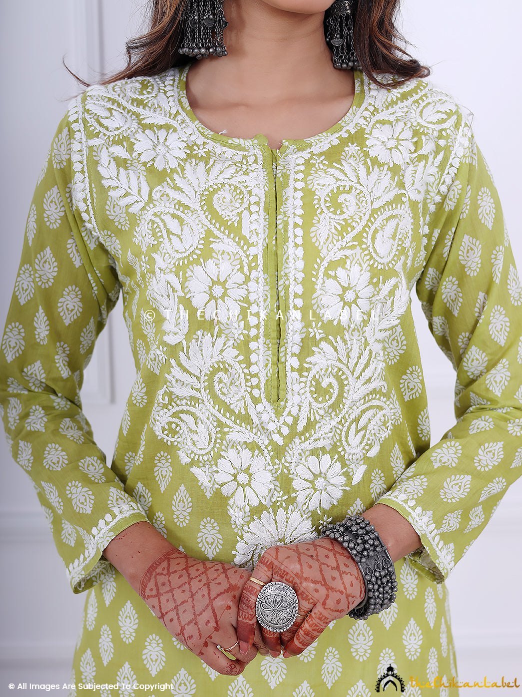 Green Cotton Chikankari Straight Kurti