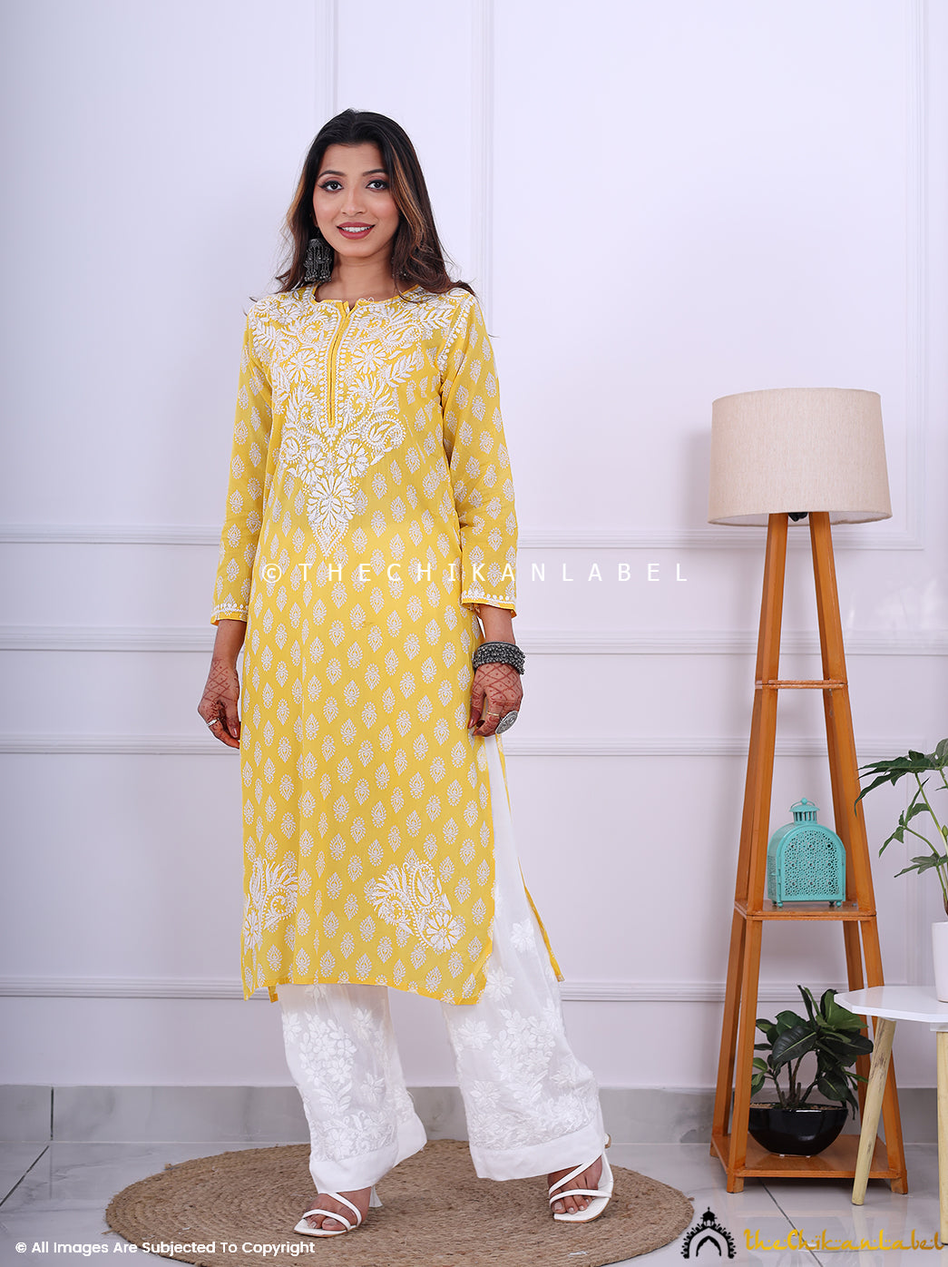 Yellow Cotton Chikankari Straight Kurti