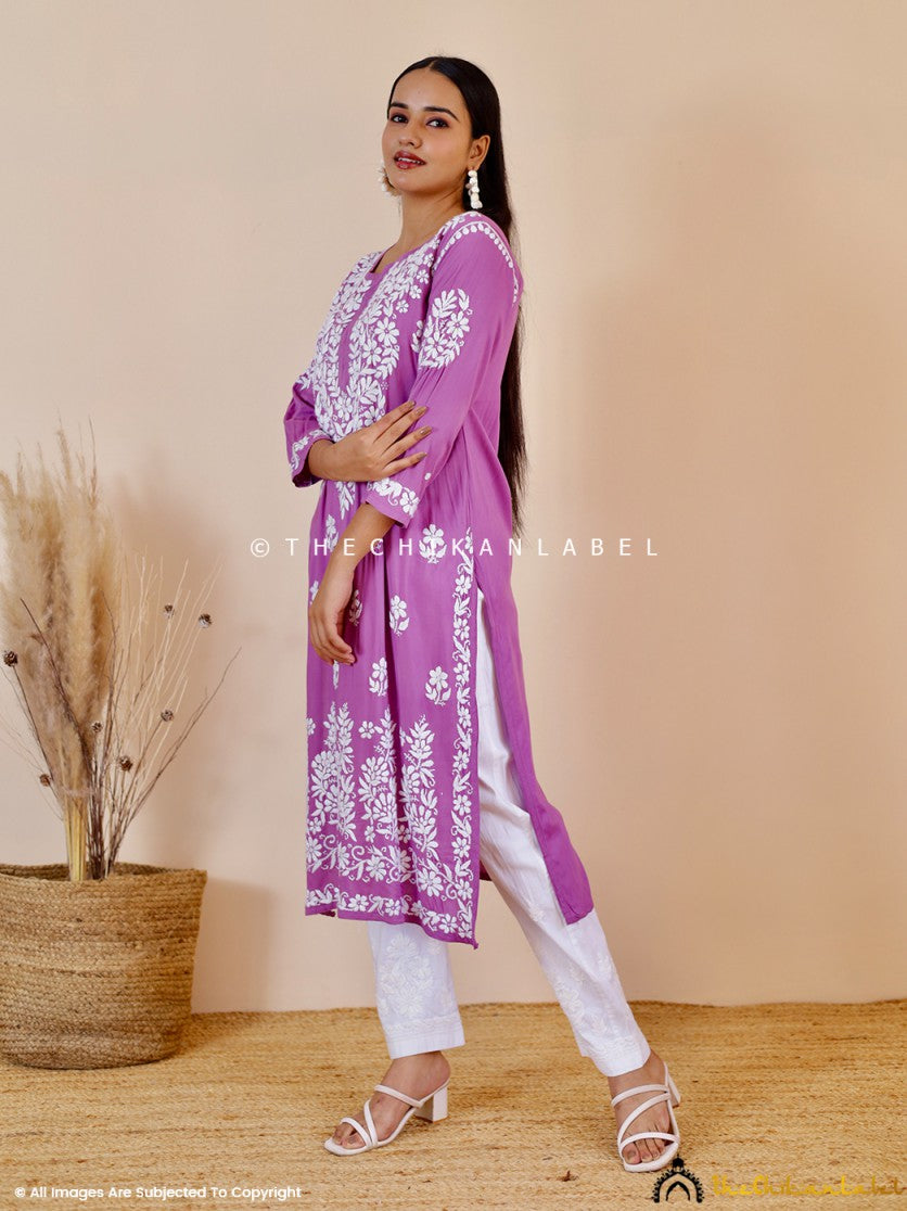 Purple Aashi Modal Chikankari Straight Kurti