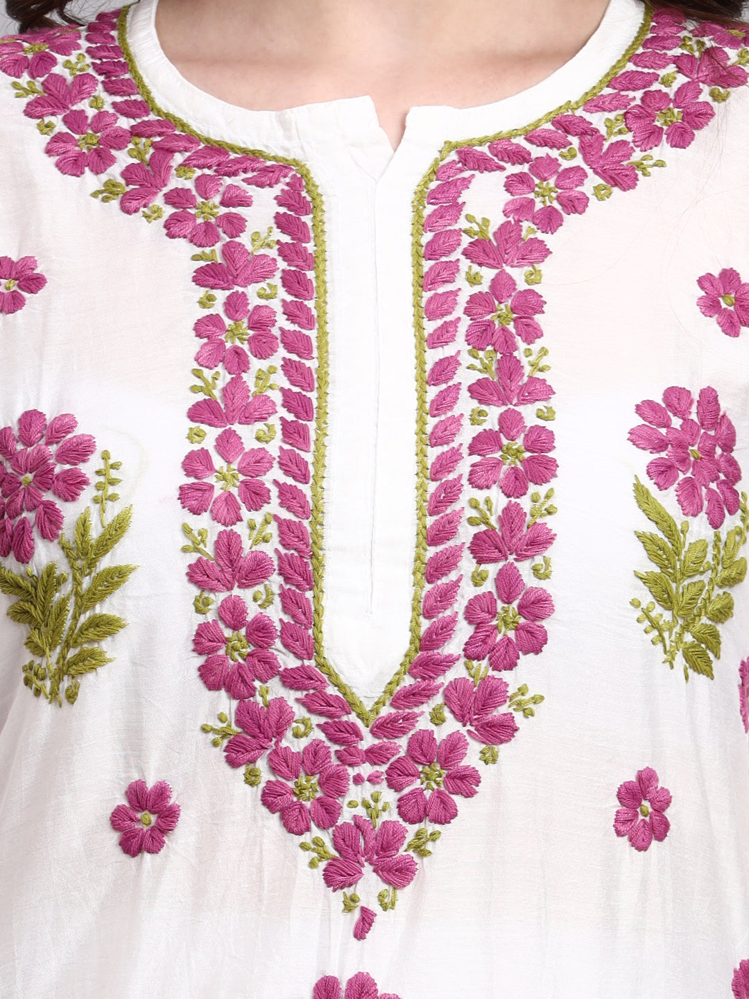 Handmade chikankari straight kurta crafted in lightweight Chanderi fabric with detailed embroidery on neckline and front panel