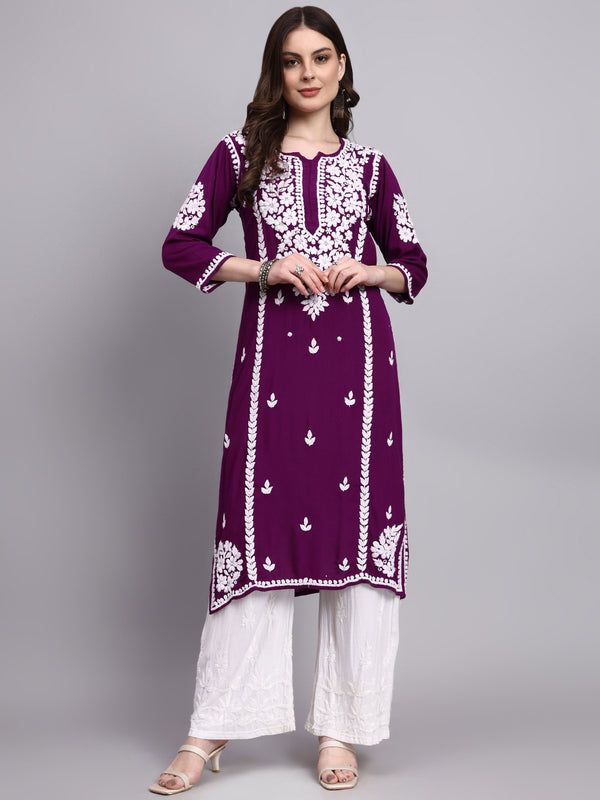 Elegant women’s rayon chikankari long kurta showcasing artisan hand embroidery on neckline sleeves and hemline