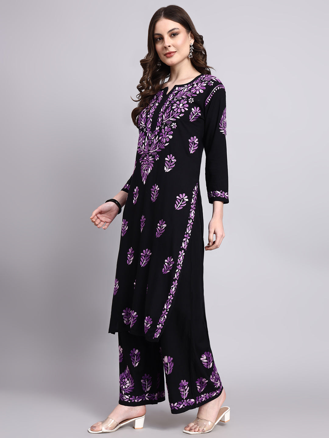 Trending chikankari salwar kameez style with rayon chikankari kurta palazzo set crafted with traditional Lucknow embroidery