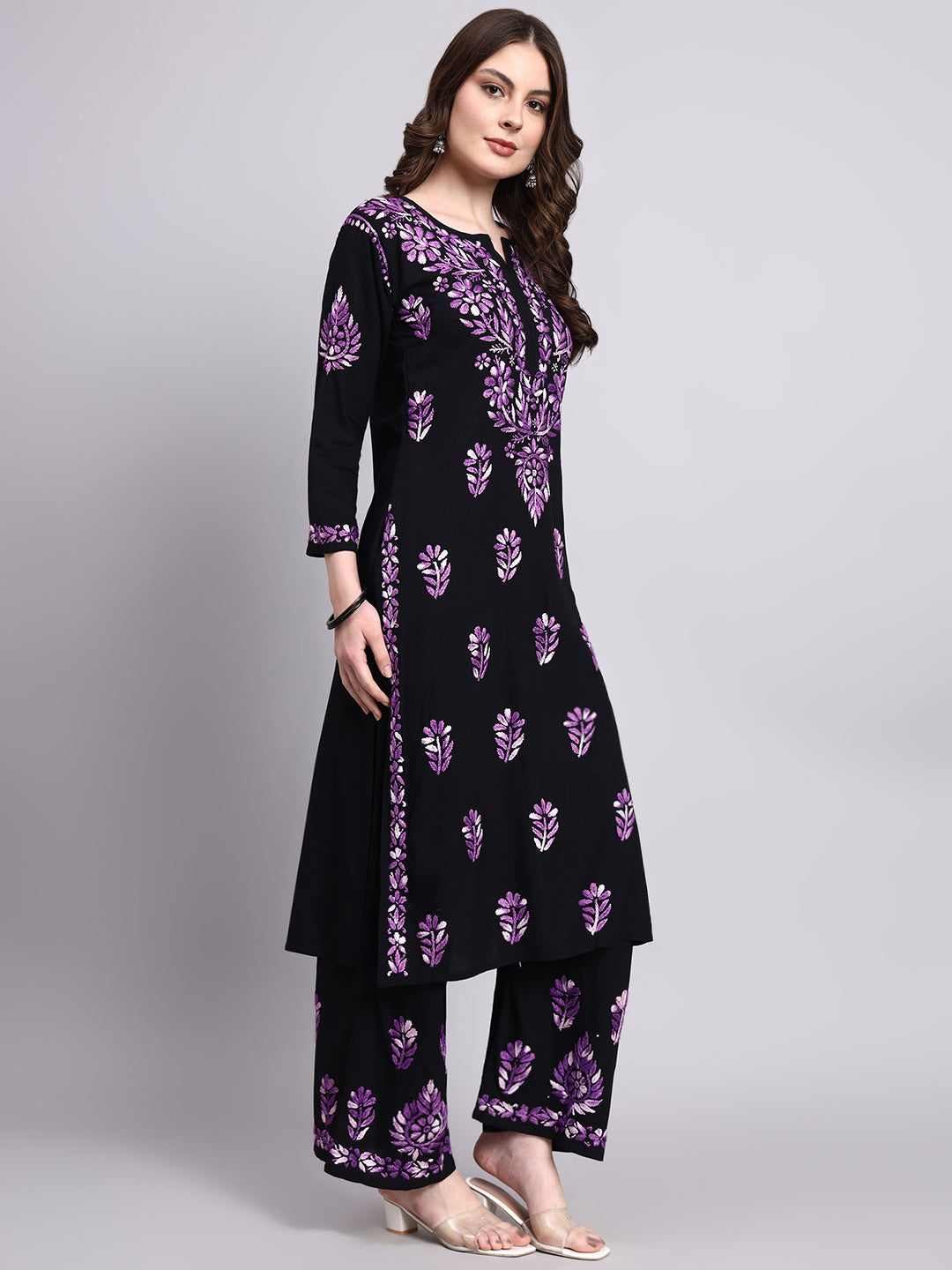 Premium rayon chikankari kurta palazzo set designed with delicate chikankari hand embroidery patterns