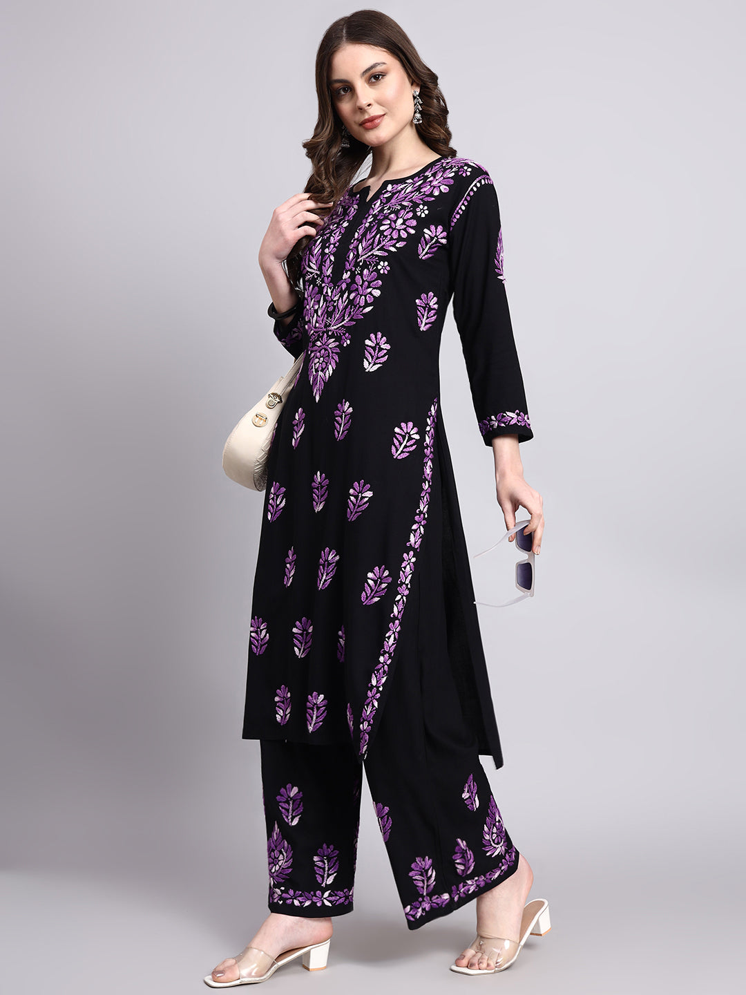 Stylish ethnic wear set for women featuring rayon chikankari kurta palazzo set with classic chikankari motifs