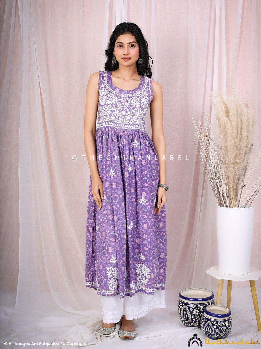Purple Rahila Mulmul Printed Sleeveless A-Line Kurti ,Sleeveless A-Line Kurti in Mulmul Fabric For Woman