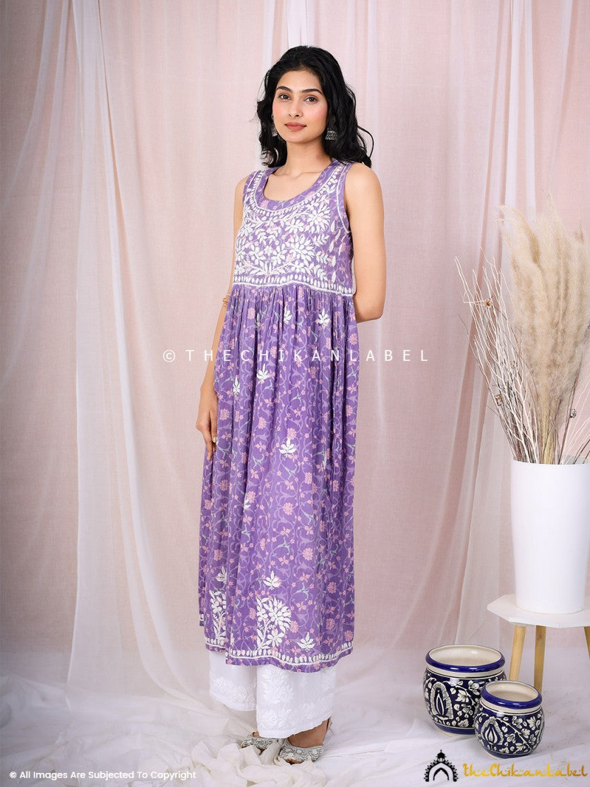 Purple Rahila Mulmul Printed Sleeveless A-Line Kurti