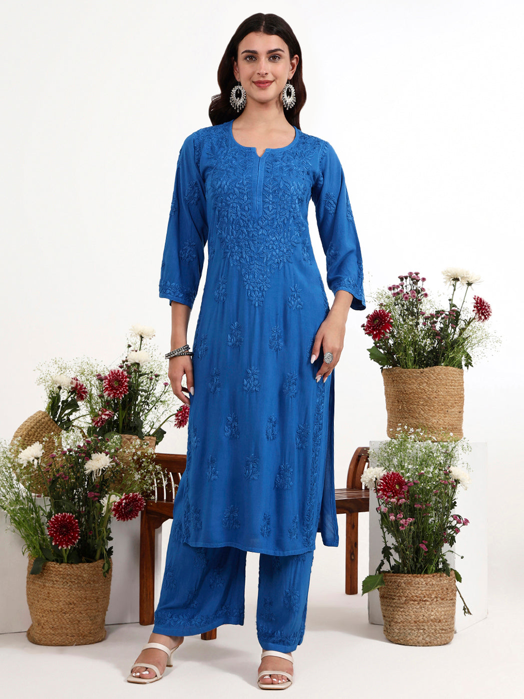 Comfortable all day wear set with traditional chikankari embroidery and straight fit silhouette