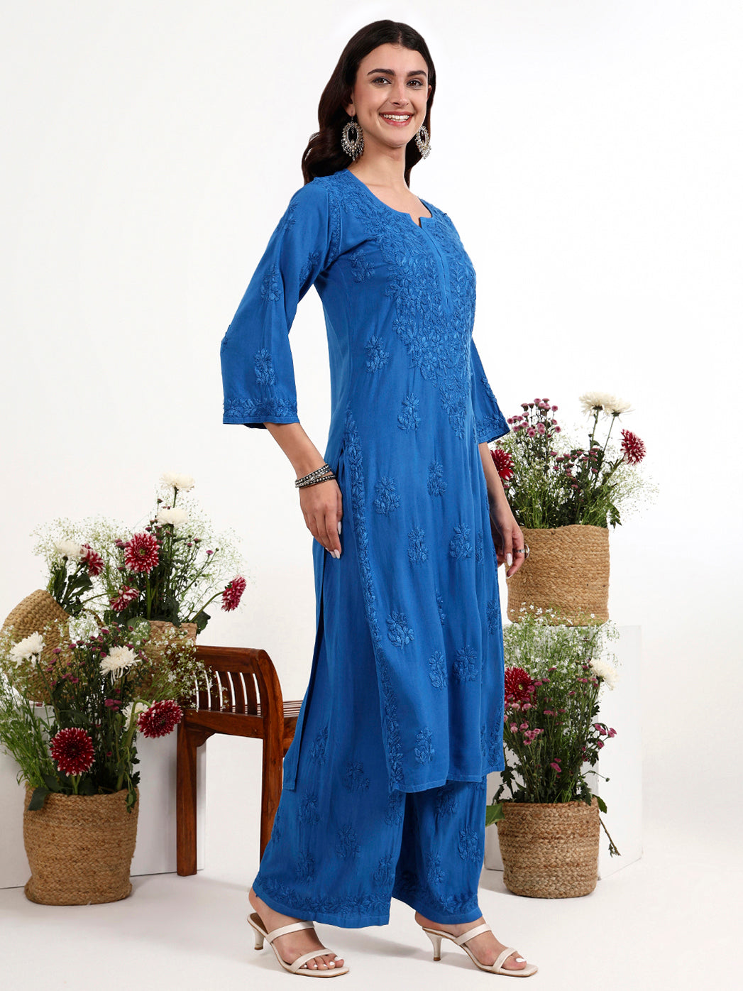 Traditional chikankari embroidery kurta set with coordinated palazzo for everyday comfort