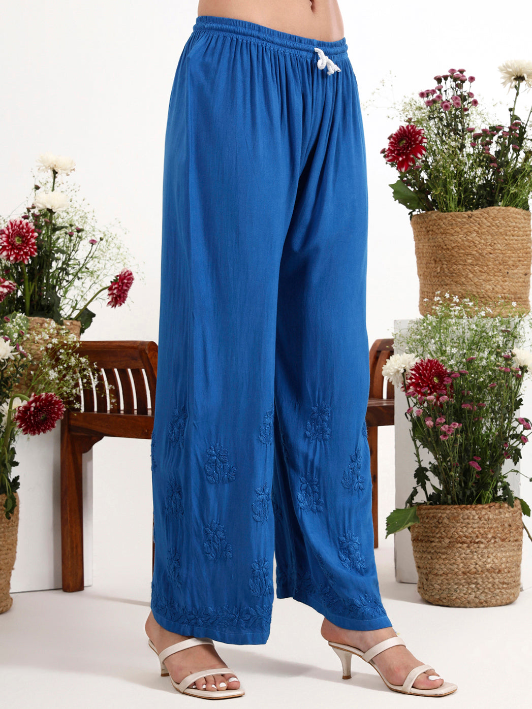 Straight fit rayon kurti with handcrafted chikankari work paired with comfortable palazzo