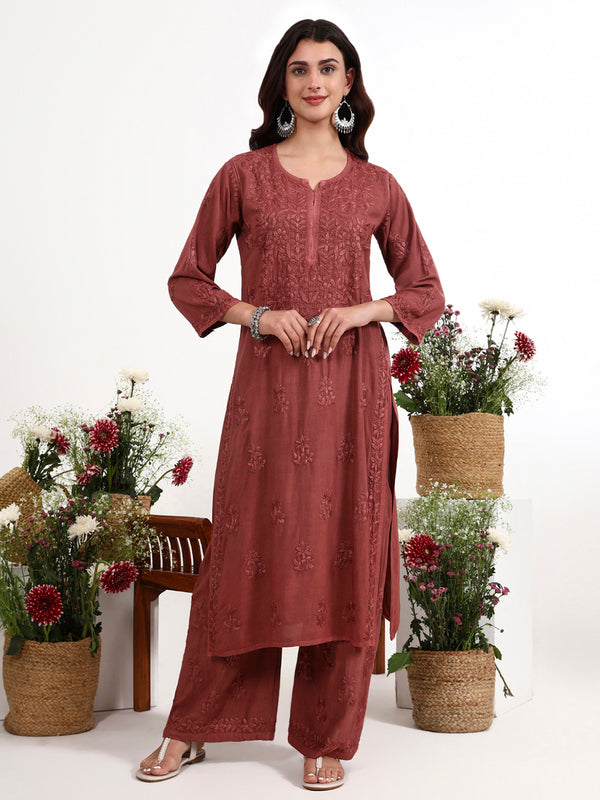 Women wearing chikankari kurti palazzo set with detailed front panel embroidery design