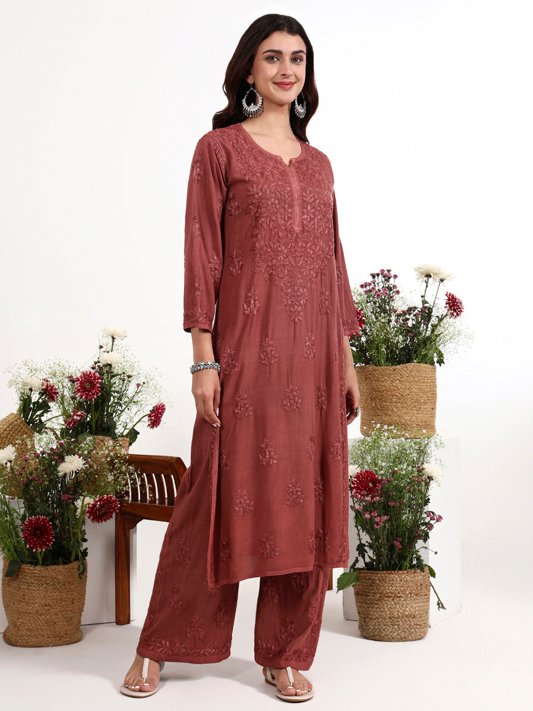 Traditional chikankari embroidery kurta set with coordinated palazzo for everyday comfort