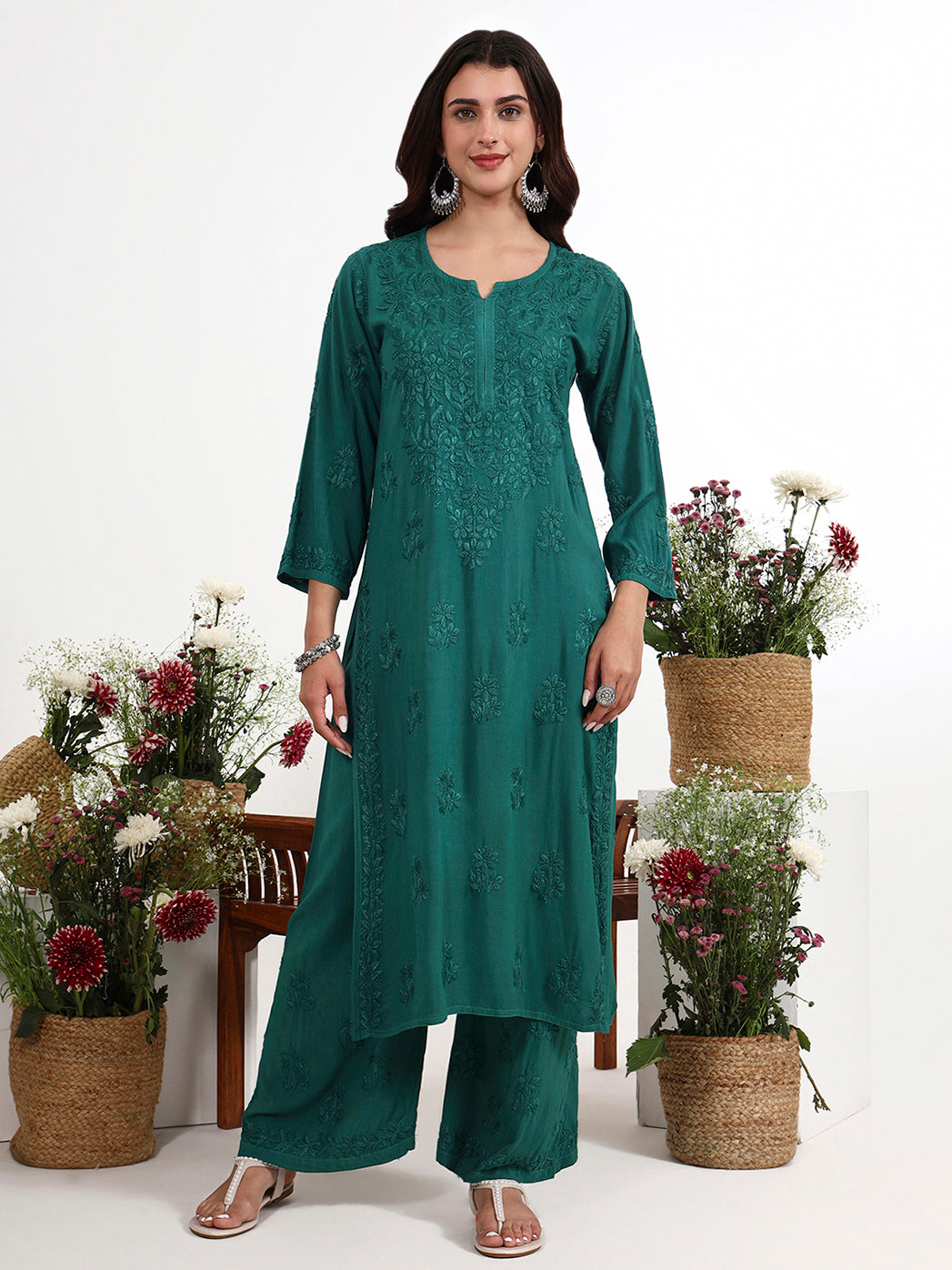 Traditional chikankari embroidery kurta set with coordinated palazzo for everyday comfort