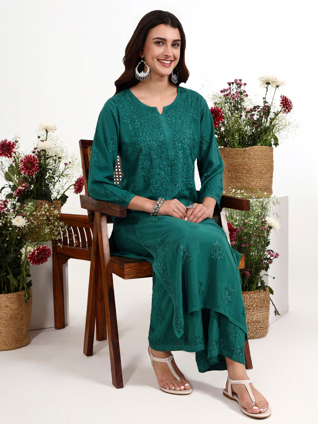 Comfortable rayon chikankari kurti set with matching palazzo for all day wear styling