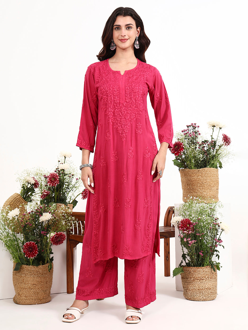 Qirat Rayon Chikankari Kurti Palazzo Set with intricate handcrafted embroidery for women ethnic wear