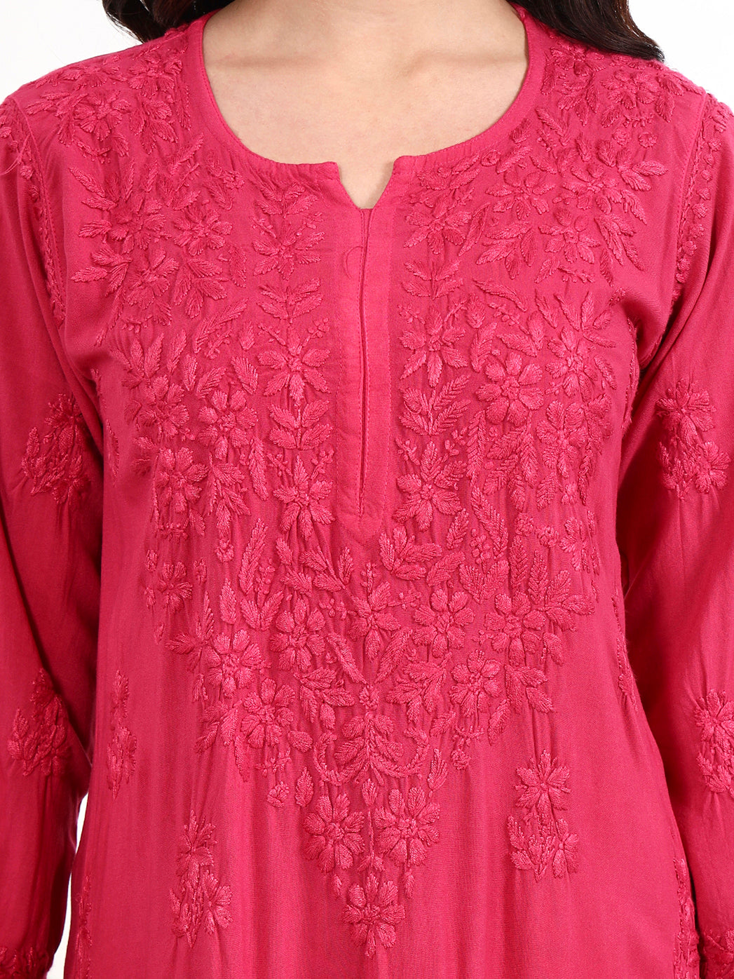 Women wearing chikankari kurti palazzo set with detailed front panel embroidery design