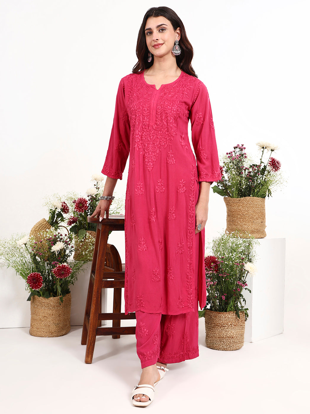 Premium rayon chikankari kurti palazzo set designed for modern ethnic fashion styling