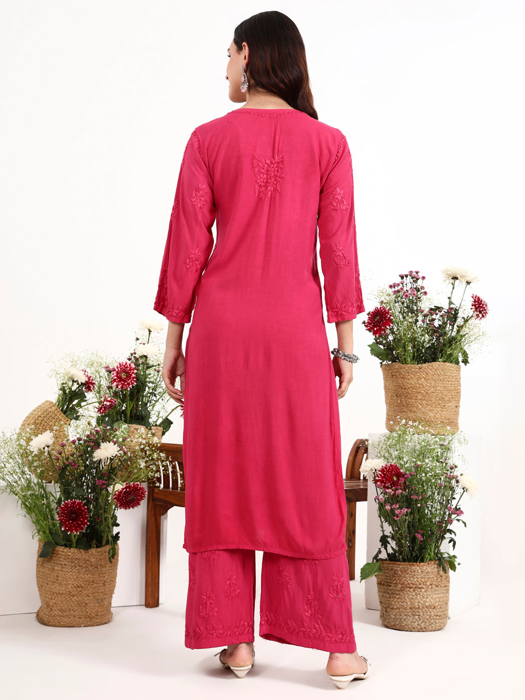 Trending kurta set featuring rayon chikankari kurti with matching palazzo pants for daily wear