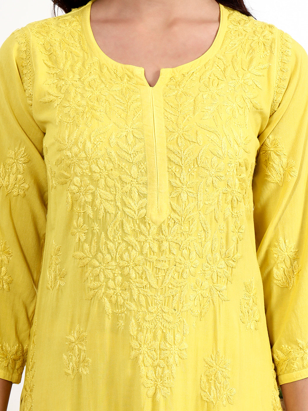 Straight fit rayon kurti with handcrafted chikankari work paired with comfortable palazzo