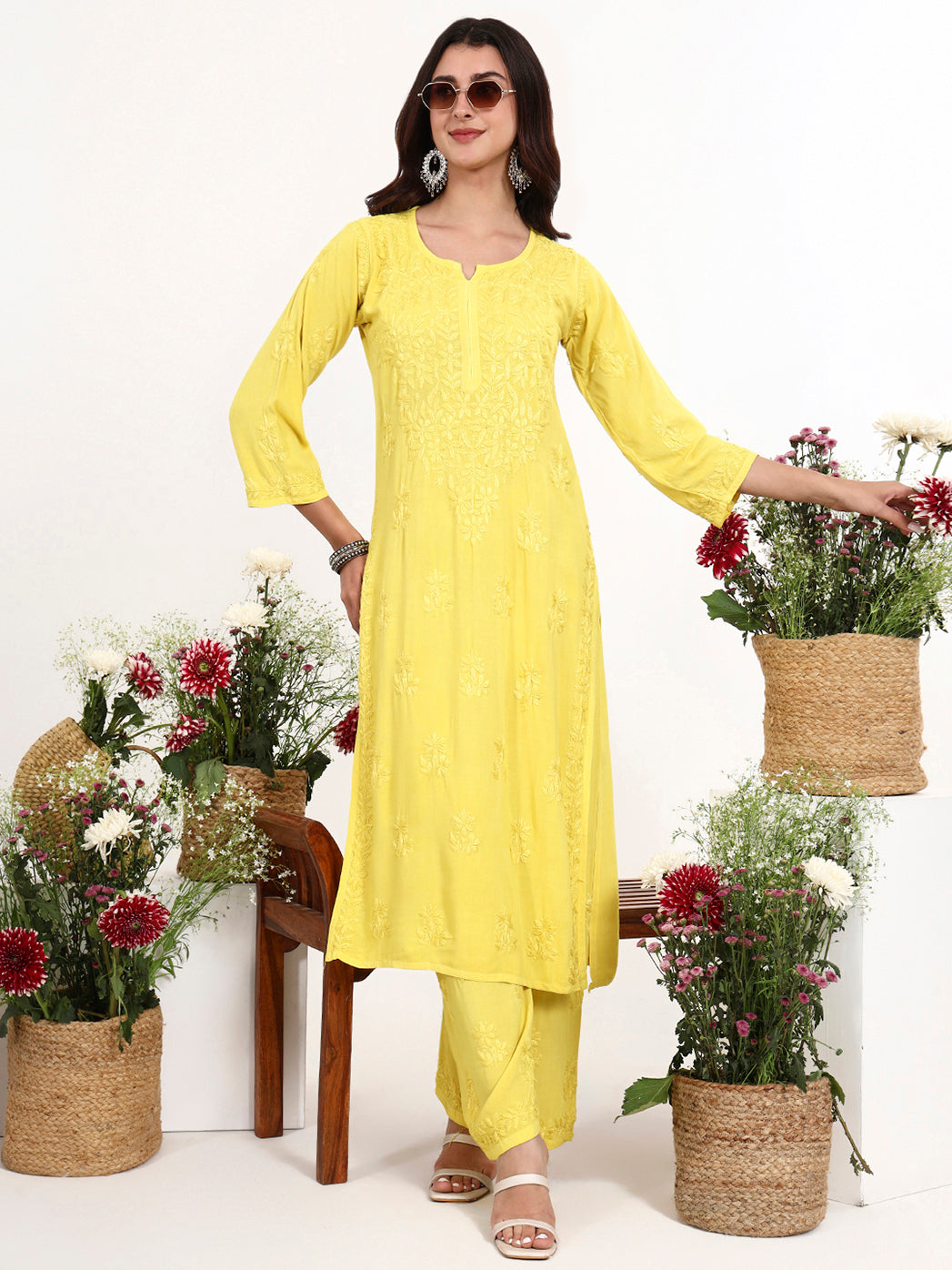 Classic chikankari kurta palazzo set with intricate embroidery and breathable material