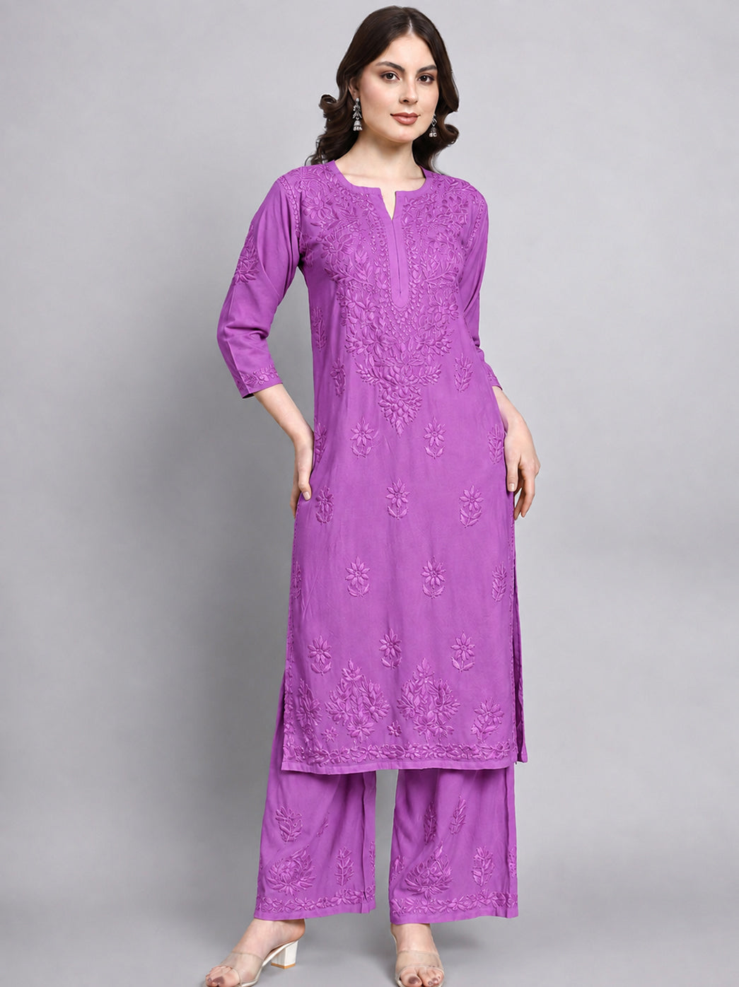 Rayon chikankari kurta set with coordinated palazzo featuring elegant handcrafted style embroidery for office wear, festive wear and casual outings.