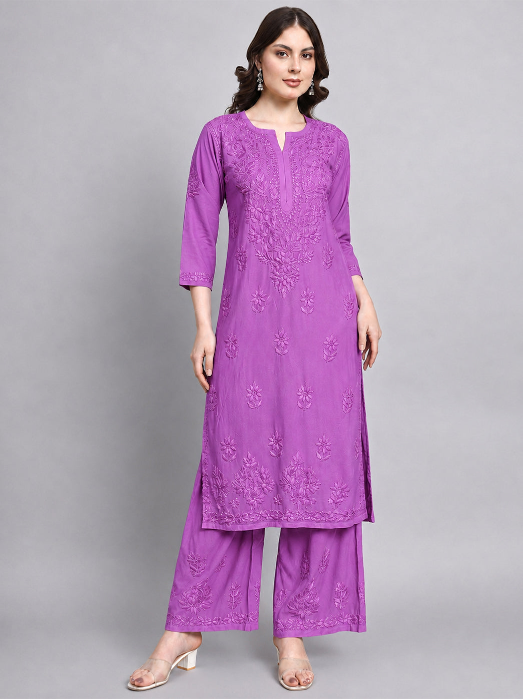 Raha Rayon Chikankari Kurti Palazzo Set - Lavender
