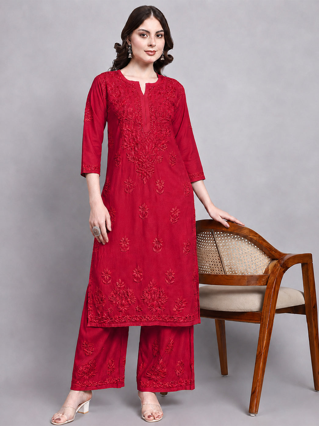 Raha Rayon Chikankari Kurti Palazzo Set - Maroon